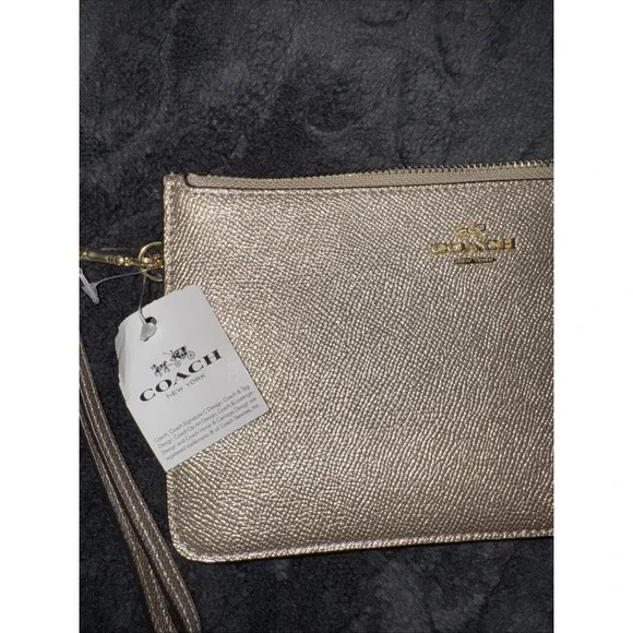 Coach Metallic Leather Wristlet Clutch Gold Zip Pouch Authentic - Picture 10 of 12